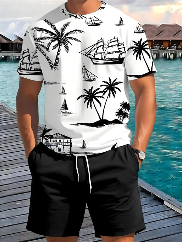 Men's Coconut Grove print casual two-piece set with short sleeve shirt and drawstring shorts summer vacation outfit white