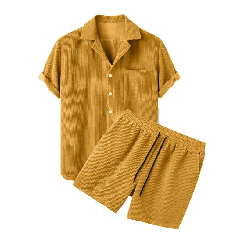 Yellow corduroy shirt and shorts set on a white background