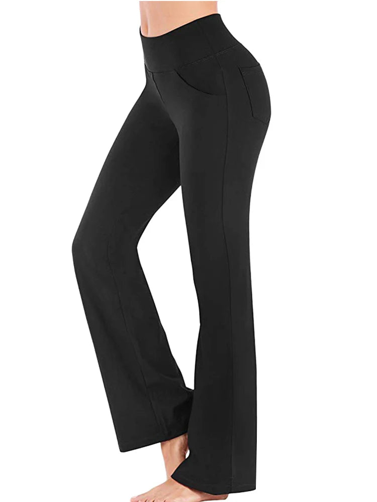Women’s elegant high-waisted palazzo trousers with wide flared legs, designed for professional or formal wear black