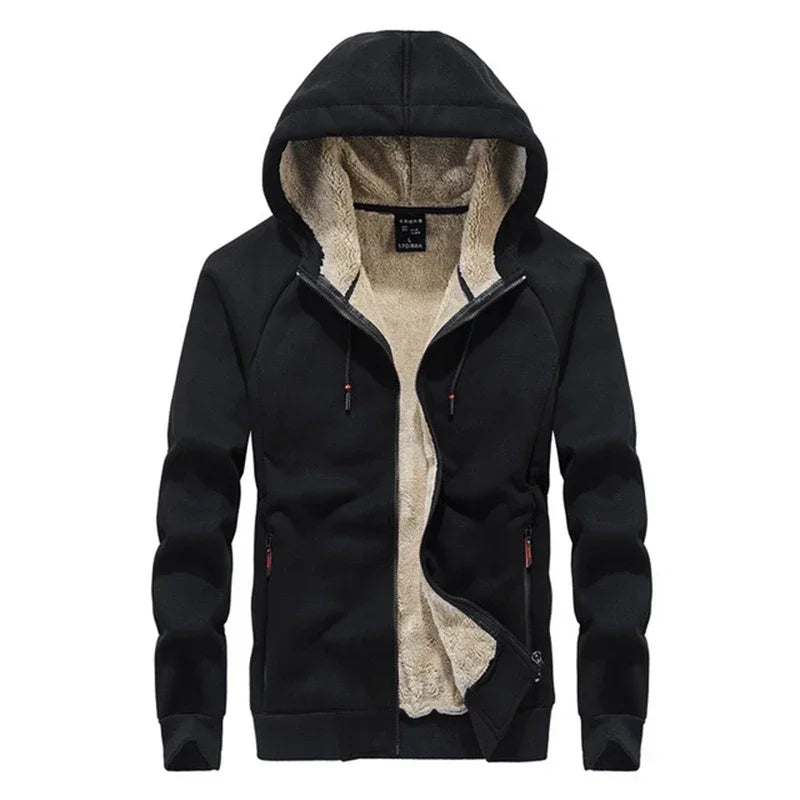 Black hoodie with beige lining on a white background