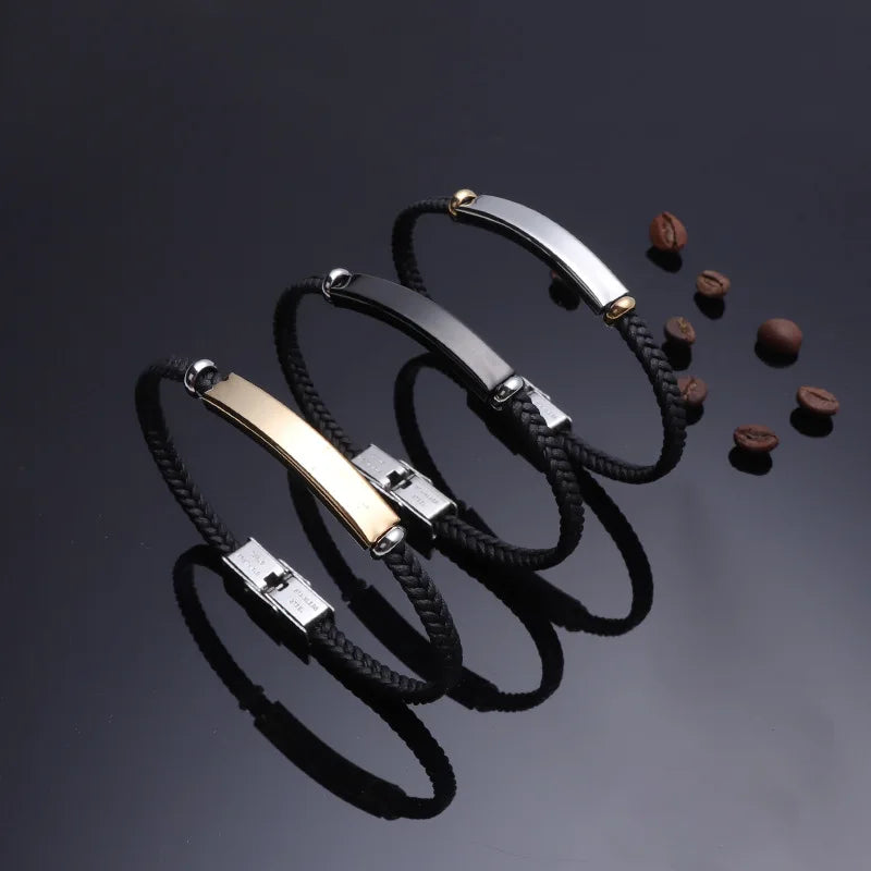 Personalized thin leather ID bracelet with custom name plate for men and women – stainless steel, punk-style accessory + 3 sets