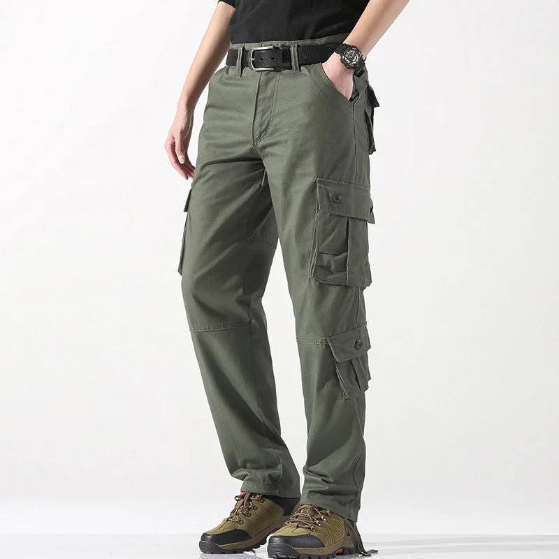 Men's tactical cotton cargo pants with multiple utility pockets, relaxed fit, outdoor hiking work trousers 02