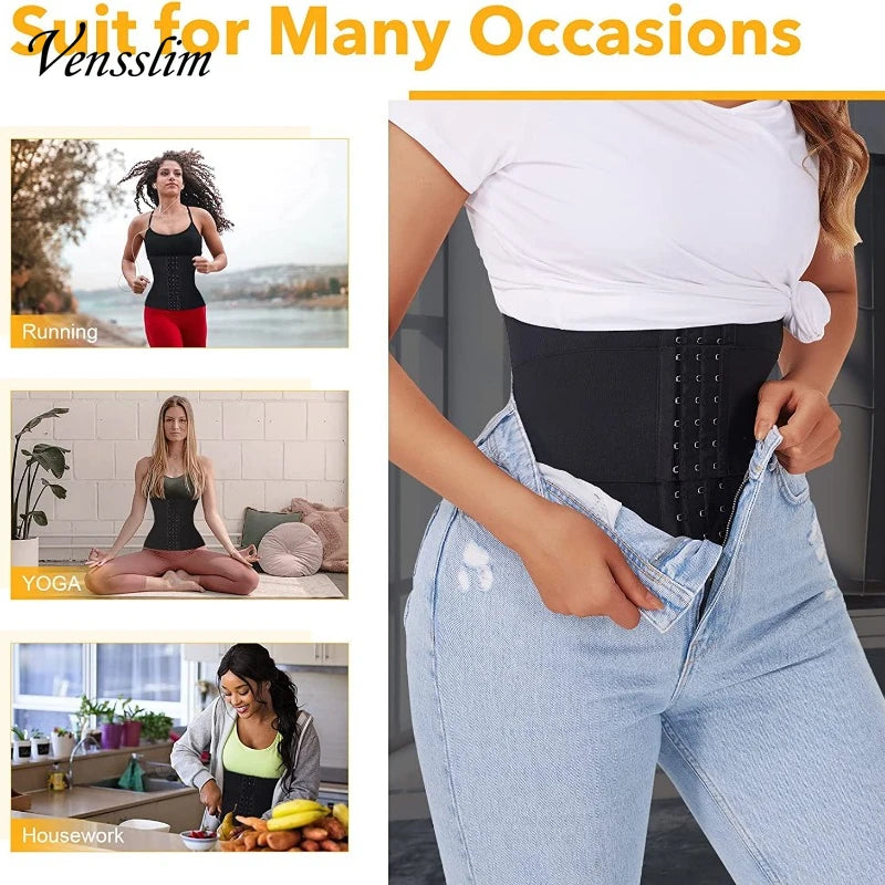 Black waist trainer being worn by a person with lifestyle images of running, yoga, and housework.