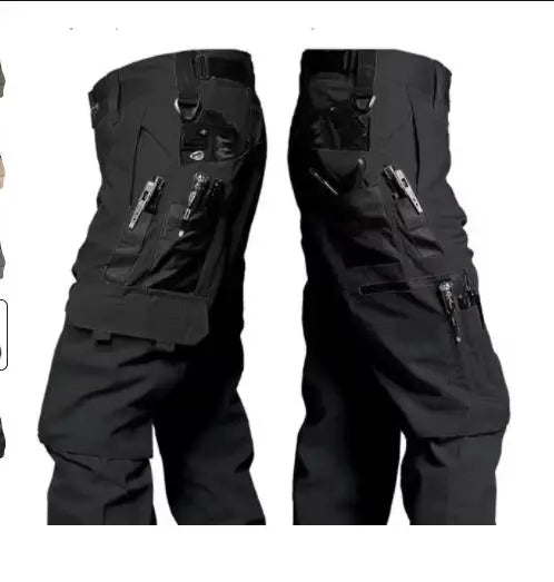 Black tactical pants with multiple pockets and zippers on a white background