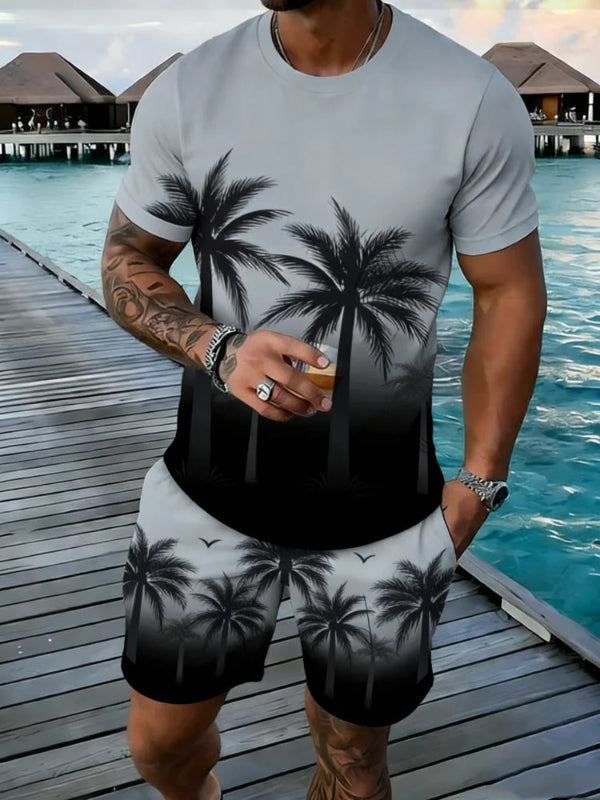 Men's Hawaii style coconut tree print T-shirt and shorts matching two-piece summer vacation outfit 00.23