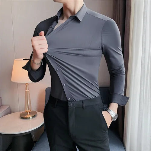Plus size men’s seamless long sleeve slim fit shirt in high elasticity fabric, available from M to 4XL, suitable for casual and formal occasions. -111