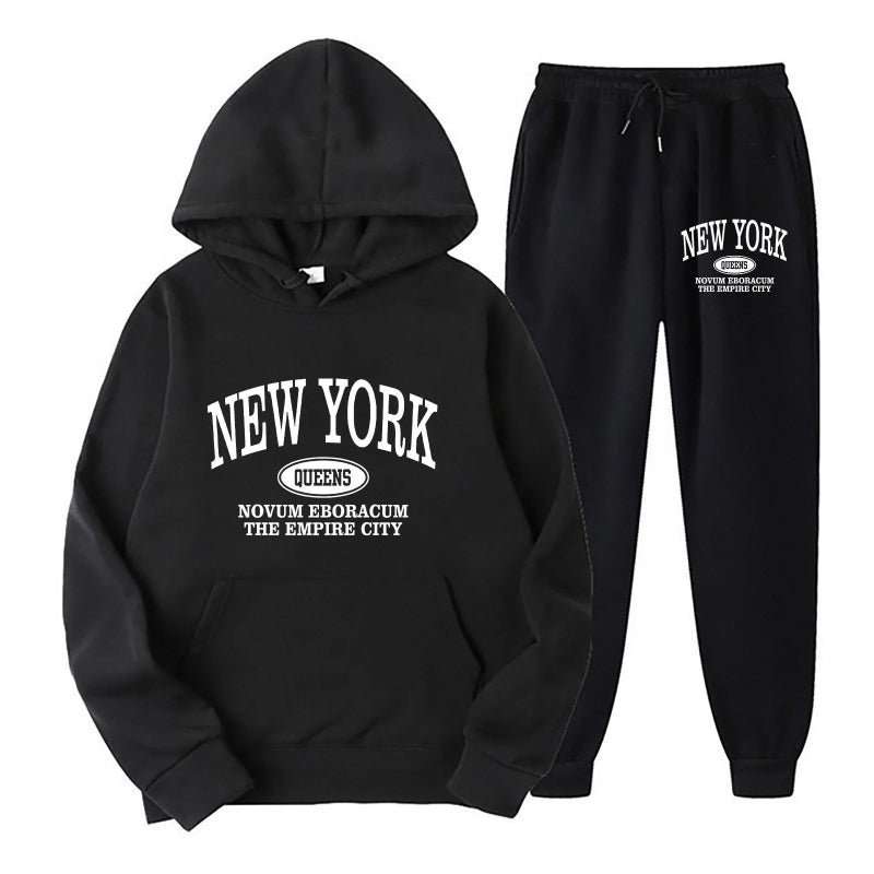Black hoodie and jogger pants set with 'New York' text on a white background