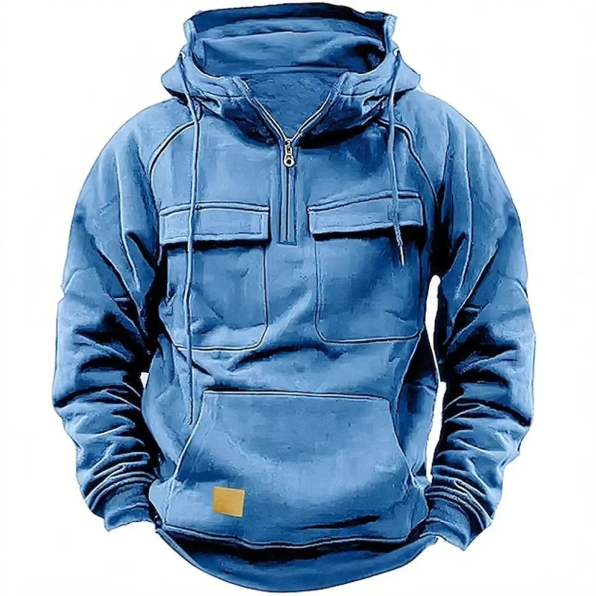 Blue hoodie with front pockets and a brand logo on a white background