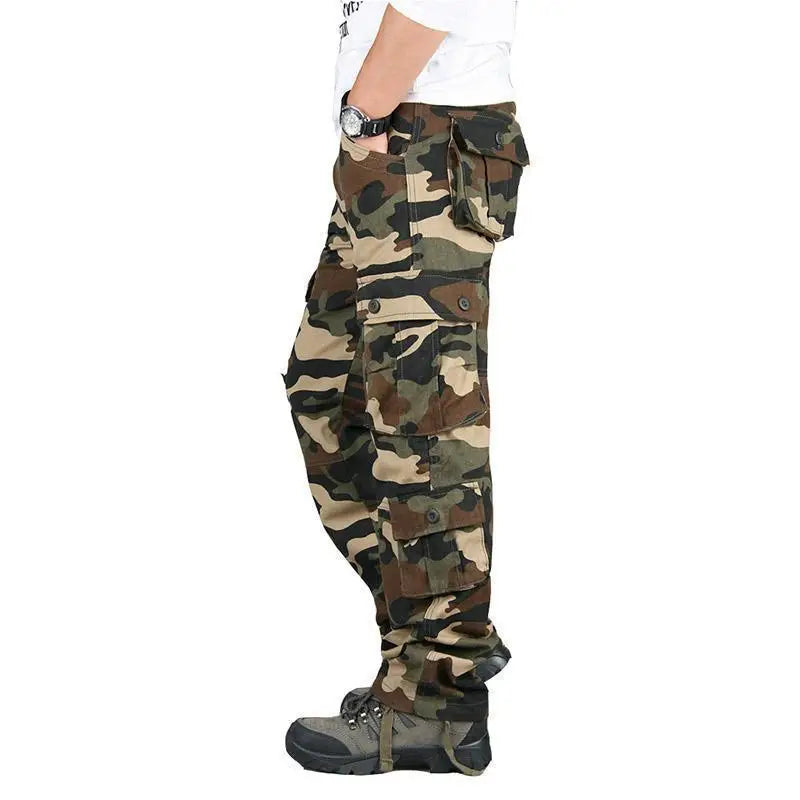 Men's tactical cotton cargo pants with multiple utility pockets, relaxed fit, outdoor hiking work trousers 06