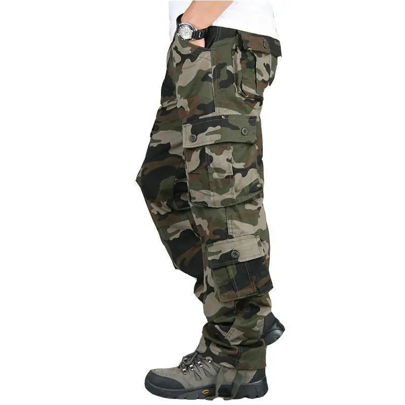 Men's tactical cotton cargo pants with multiple utility pockets, relaxed fit, outdoor hiking work trousers 011