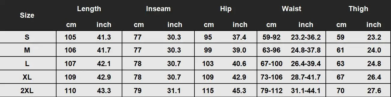 Table displaying clothing size chart with measurements in centimeters and inches.