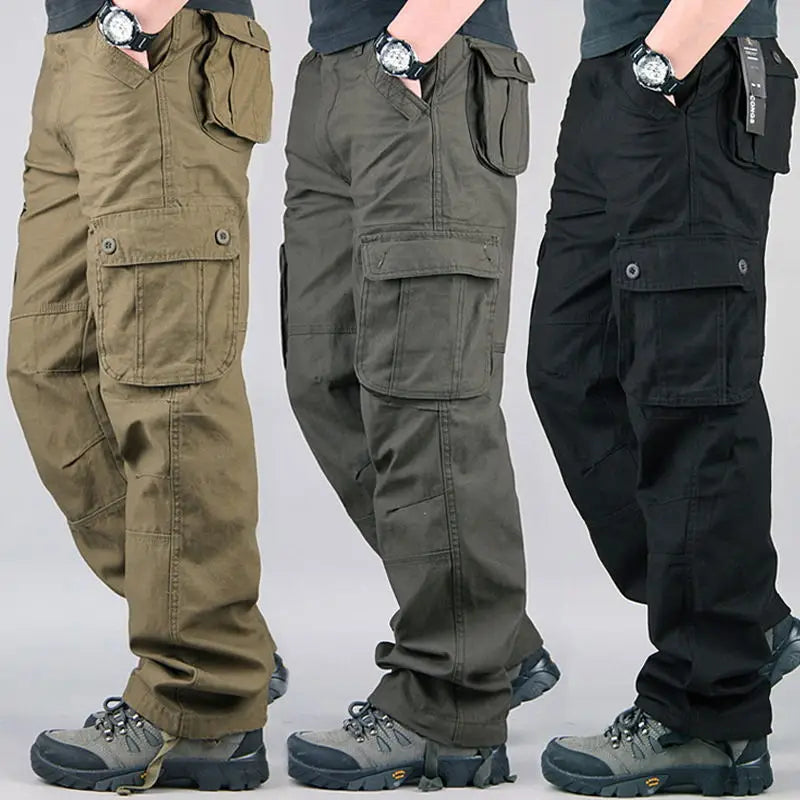 Men's tactical cotton cargo pants with multiple utility pockets, relaxed fit, outdoor hiking work trousers 