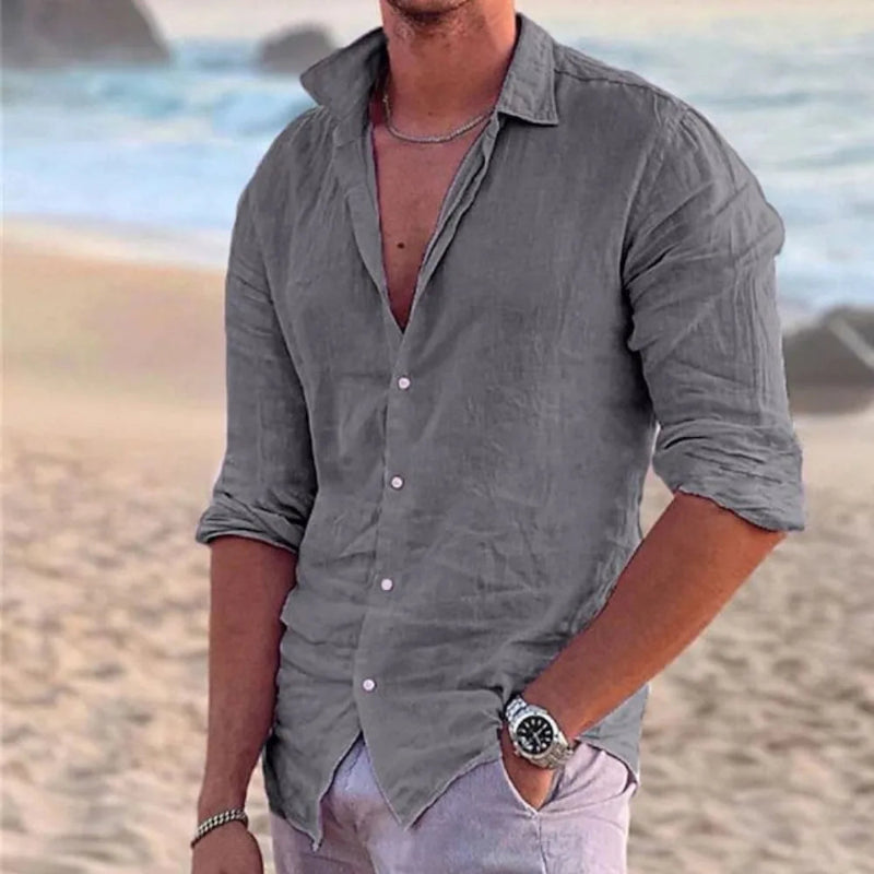 Men’s casual cotton linen polo neck long sleeve shirt in solid color, perfect for beach and holiday wear, lightweight and breathable fabric.-2