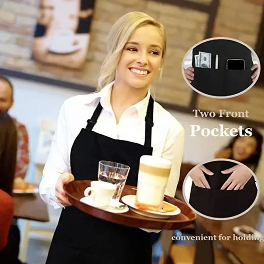 Unisex adjustable solid color cooking apron with front pocket for chefs, waiters, BBQ, kitchen, and salon use -black pockets 