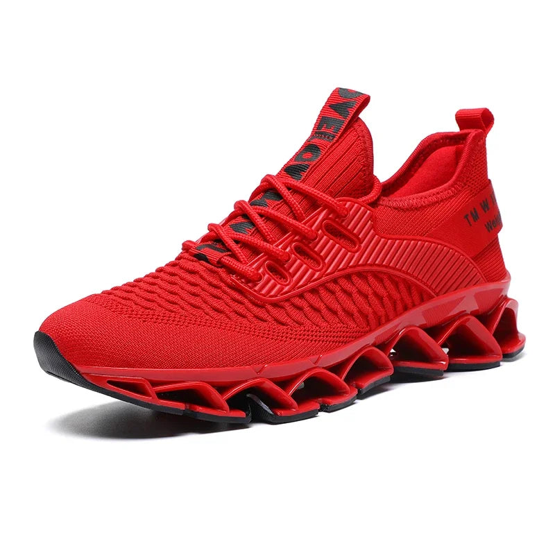 Red athletic shoe with unique sole design on a white background