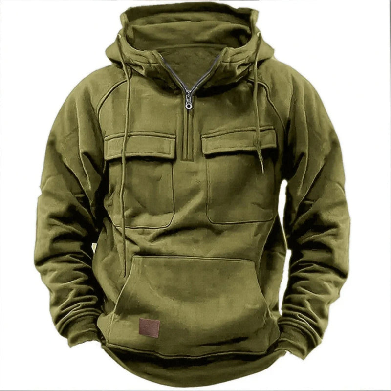 Green hoodie with front pockets and a zipper on a white background