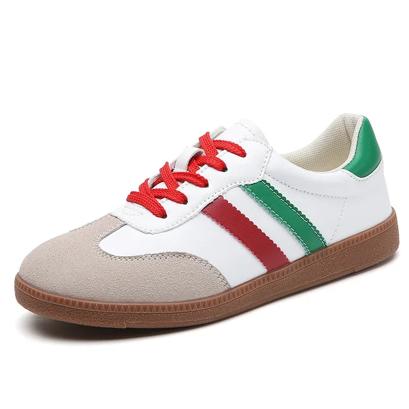 women’s flat luxury sneakers in grey and white with retro low-cut design, round toe, and lace-up closure – perfect for casual autumn fashion -  red green and white