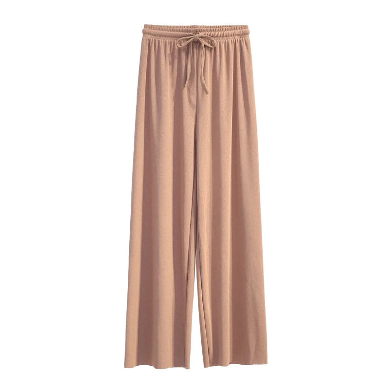 Beige wide-leg pants with a drawstring waist on a white background