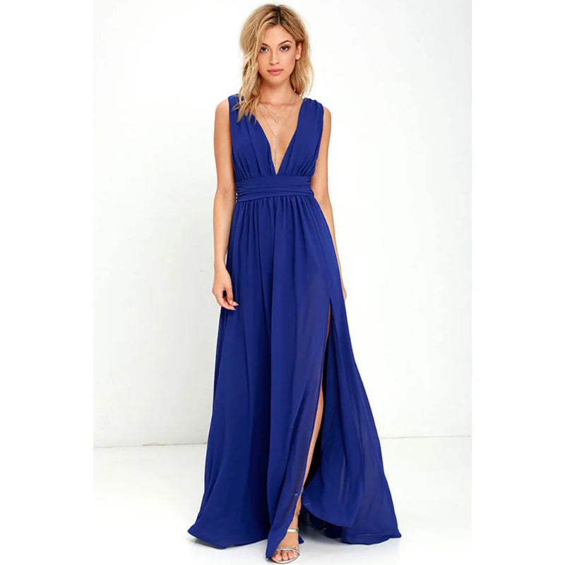 Woman wearing a blue evening gown on a white background