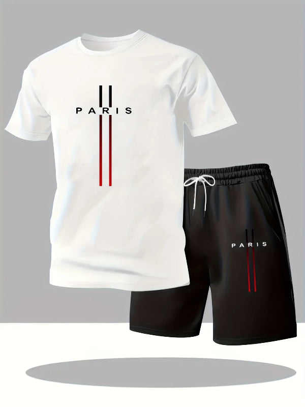 White t-shirt and black shorts with 'PARIS' branding on a gray background