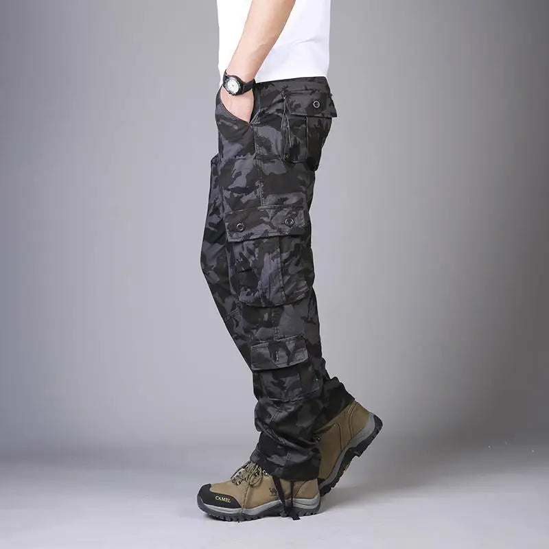 Men's tactical cotton cargo pants with multiple utility pockets, relaxed fit, outdoor hiking work trousers 013