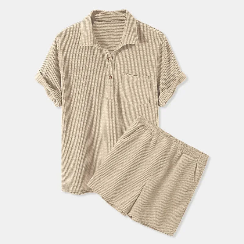 Beige checkered shirt and shorts set on a white background