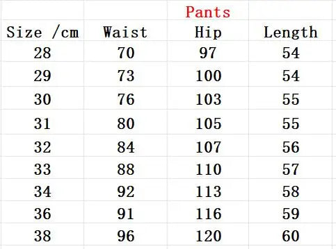 Table showing pants measurements including waist, hip, and length for various sizes.