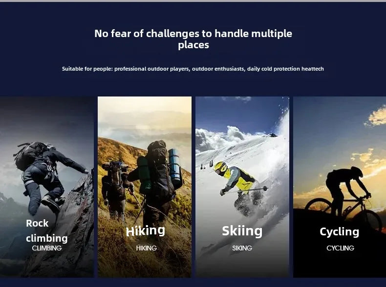 Promotional graphic with the text 'No fear of challenges to handle multiple places' above four vertical activity panels showing a rock climber, hikers on a mountain, a skier on a snowy slope, and a cyclist on a road at sunset. Activity labels include climbing, hiking, skiing, and cycling.