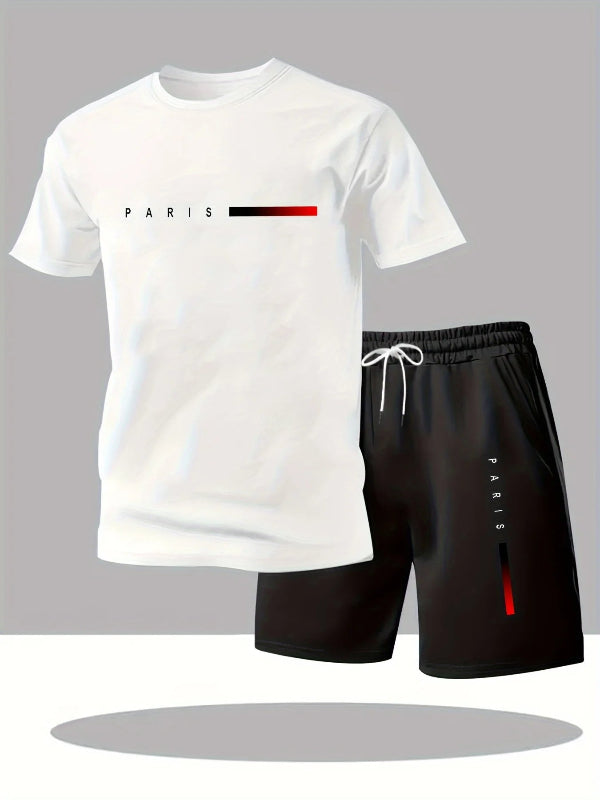 White t-shirt and black shorts with a yellow logo on a gray background