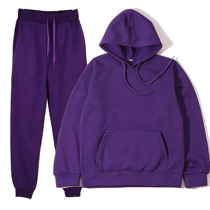 Unisex solid color fleece hoodie and pants two‑piece sports set for autumn and winter purple