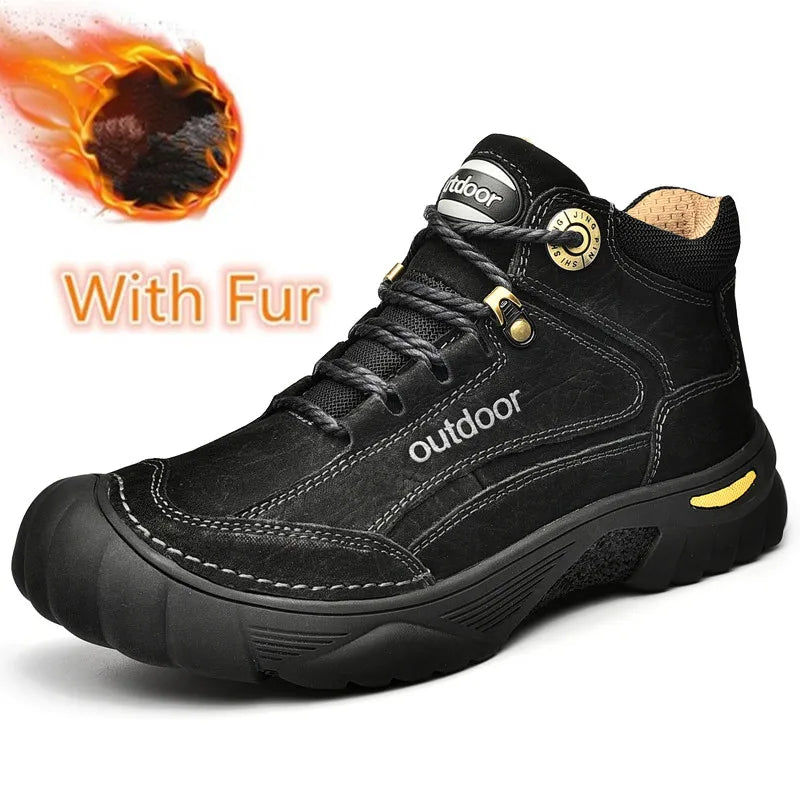 Black outdoor boot with fur lining on a white background