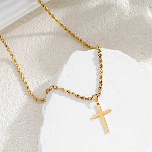 Unisex's cross pendant necklace with gold plated silver color simple twisted chain, fashionable jewelry for beach or party gift gold
