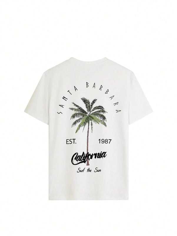 White t-shirt with palm tree and text design on a white background