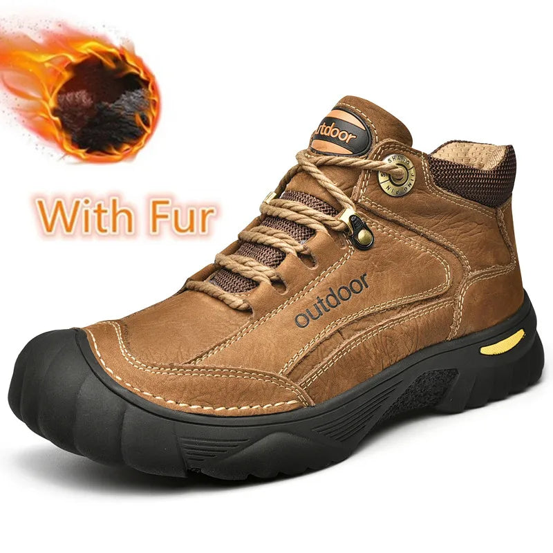 Brown hiking boot with fur lining, featuring a flame icon and text on a white background.