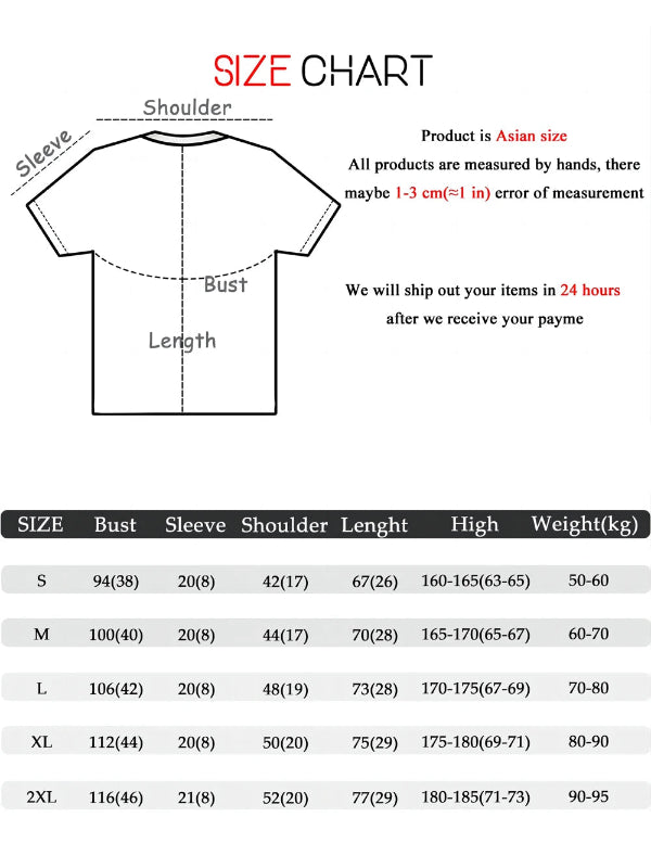 Size chart for shirts with measurements and weight information