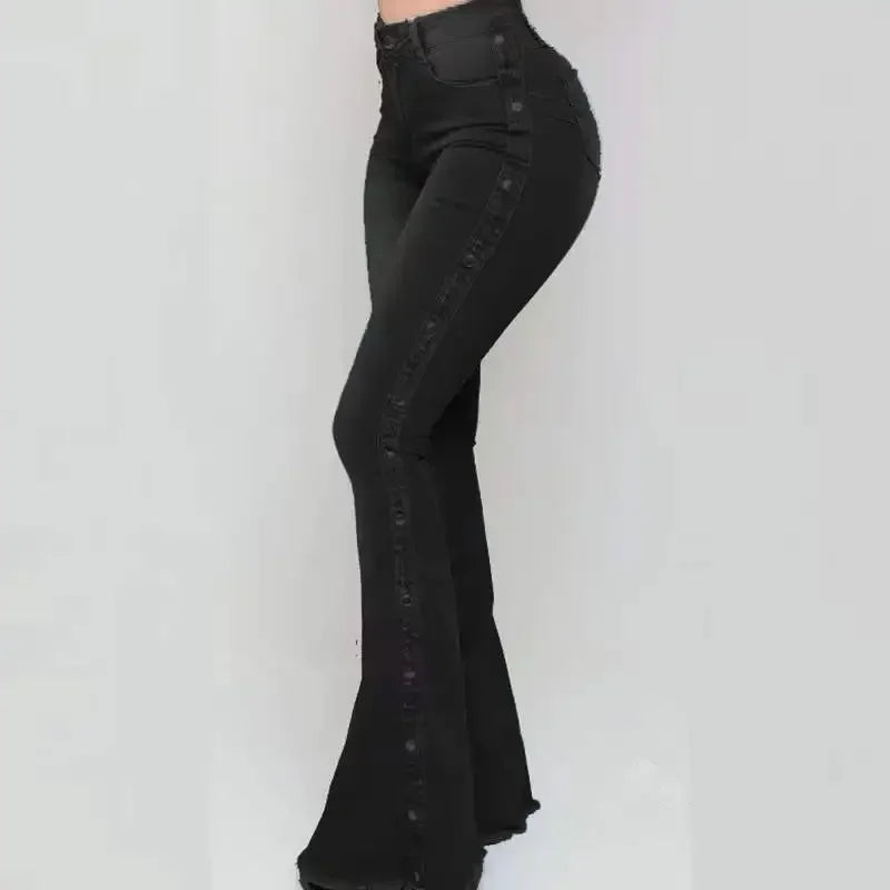 Black flared jeans on a white background