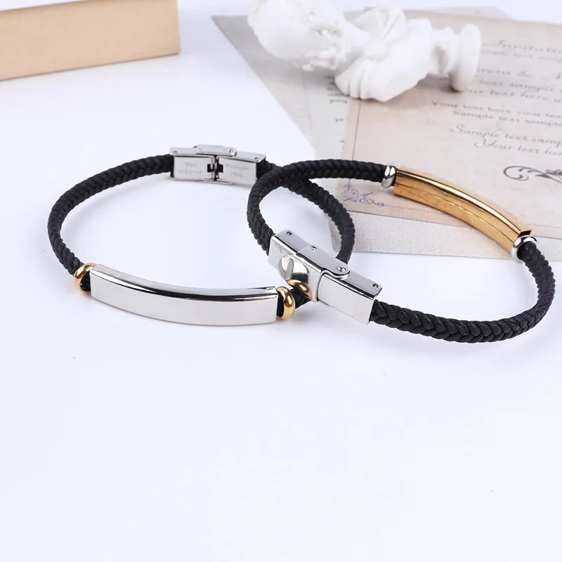 Custom Name Leather Bracelet – Punk Stainless Steel ID Band