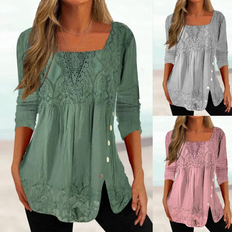 Three different colored lace tops worn by a model on a plain background