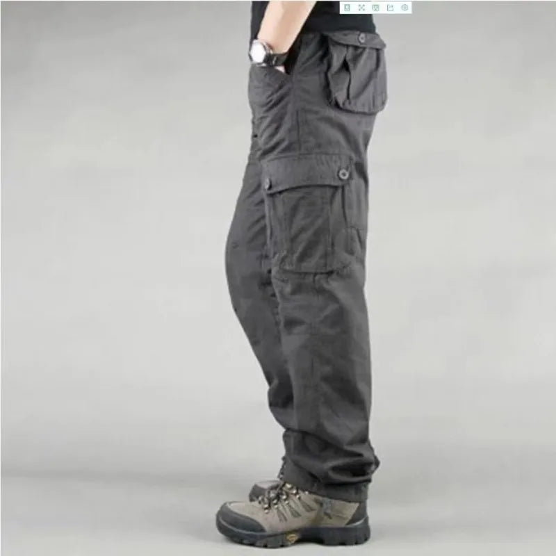 Men's tactical cotton cargo pants with multiple utility pockets, relaxed fit, outdoor hiking work trousers 03