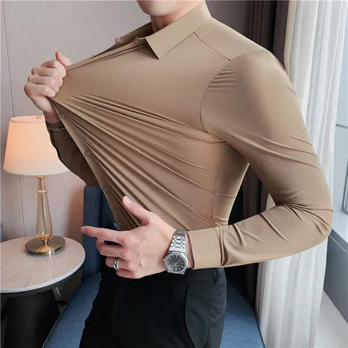 Plus size men’s seamless long sleeve slim fit shirt in high elasticity fabric, available from M to 4XL, suitable for casual and formal occasions. - 8
