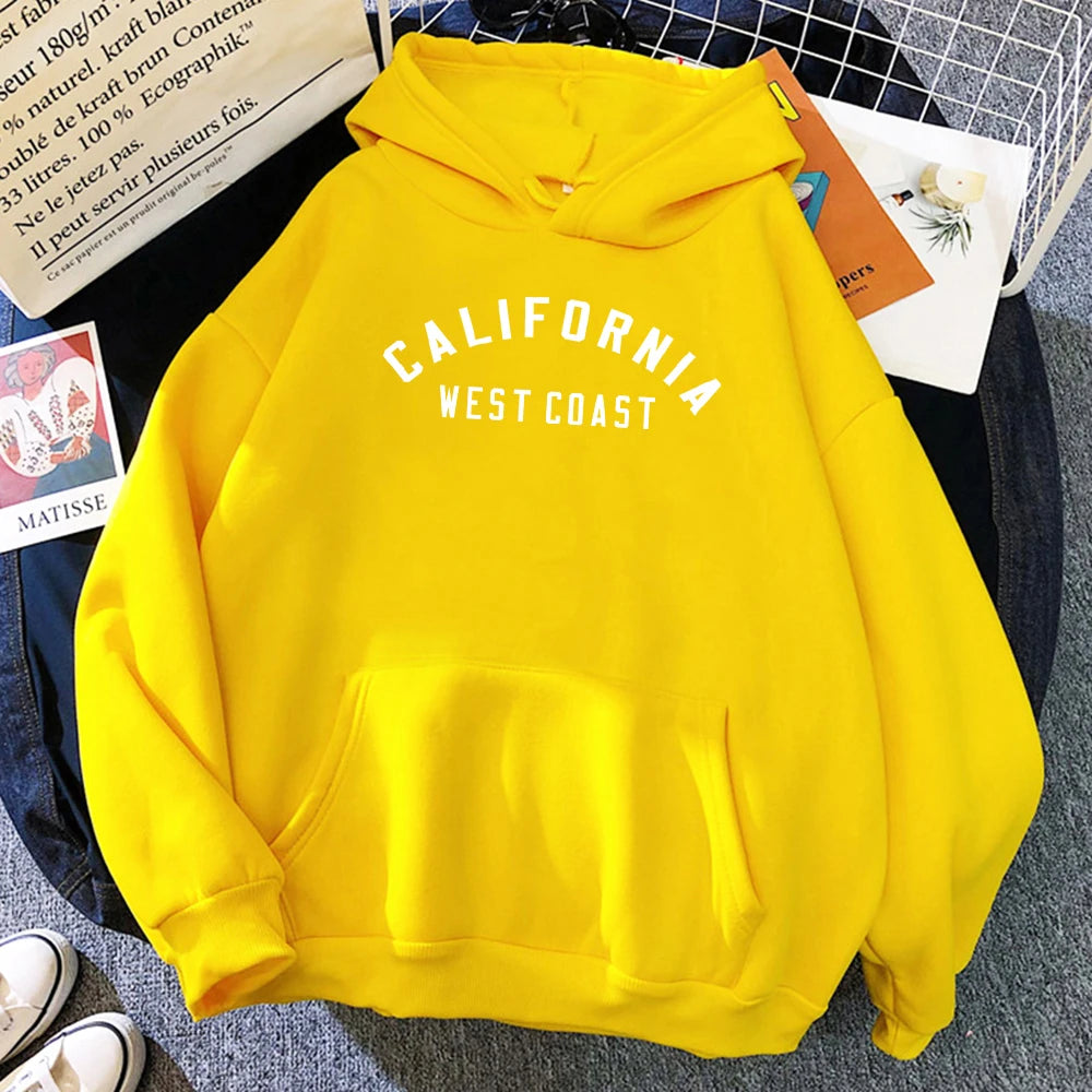 Women's California West Coast loose hoodie with creative pattern and fleece lining -yellow