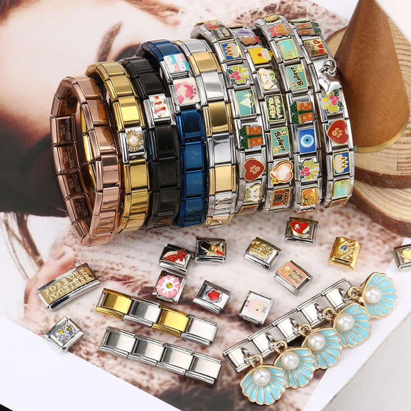 9mm stainless steel Italian charm bracelet with elastic DIY link chain-  many