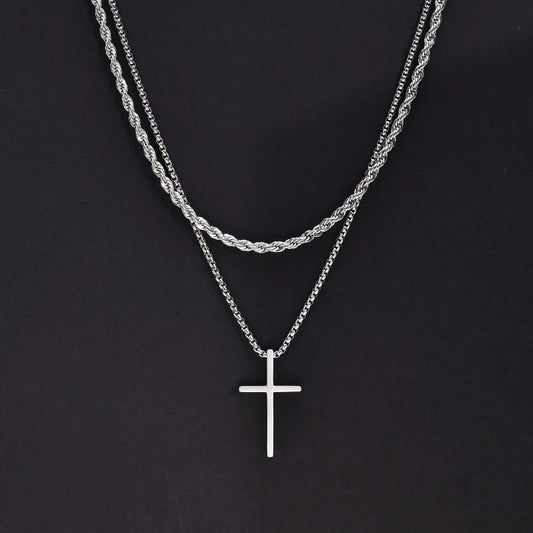Vnox stainless steel layered men’s cross pendant necklace with rope chain -  01