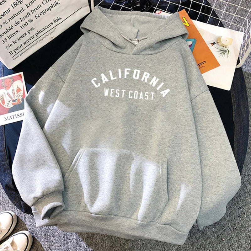 Women's California West Coast loose hoodie with creative pattern and fleece lining. - gray 2