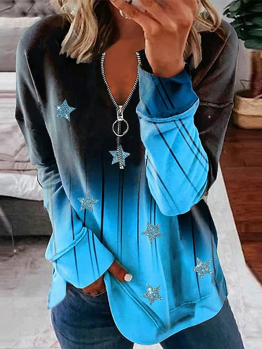 Women's Y2K oversized zip-up hoodie with geometric star pattern and crewneck design  - Blue