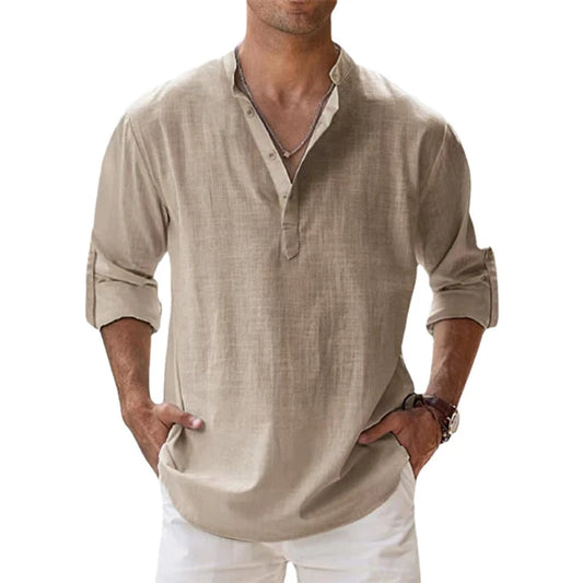 Lightweight men’s long sleeve cotton linen Henley shirt in casual beach style khaki