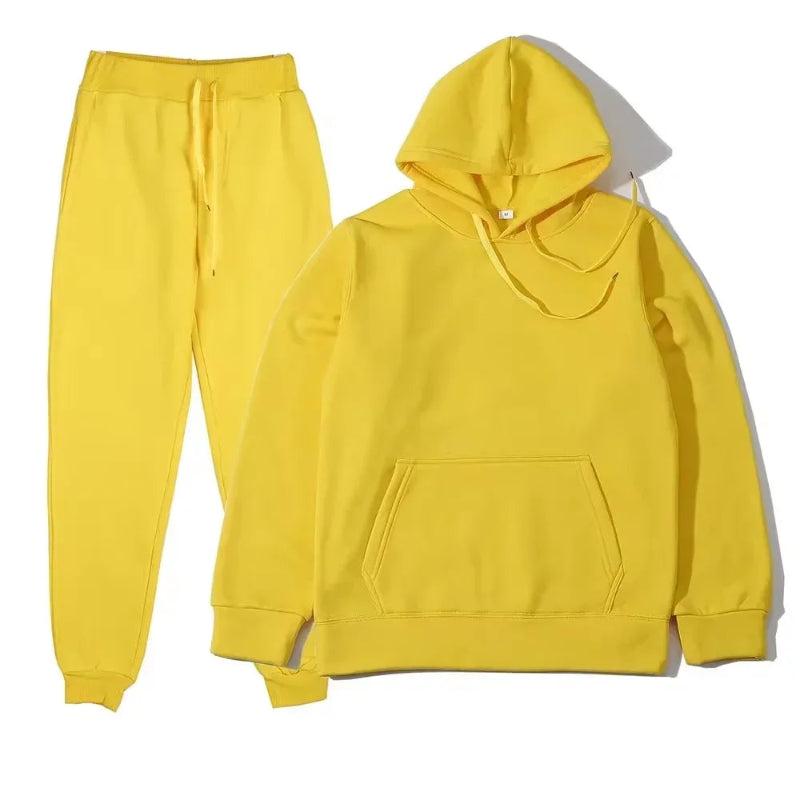 Unisex solid color fleece hoodie and pants two‑piece sports set for autumn and winter yellow