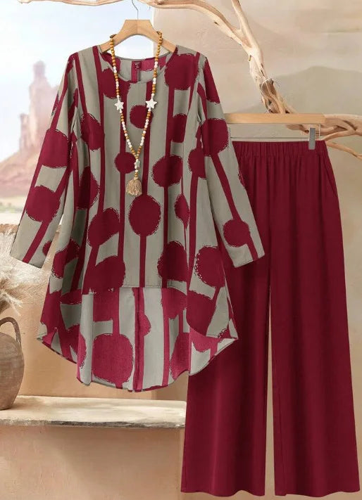 Casual Plus Size 2 Piece Set Women Outfit 2026 Fall Winter Summer Long Sleeve Floral Print Blouse Tops And Wide Leg Pant Sets
