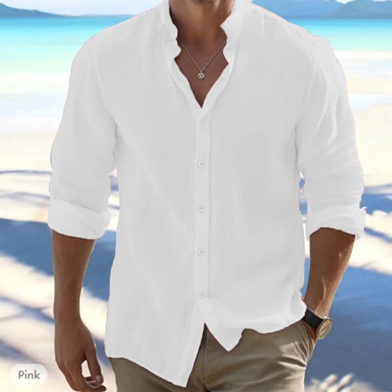 Men’s summer cotton linen long sleeve shirt with stand-up collar in solid color, casual beachwear style, available in plus sizes  white