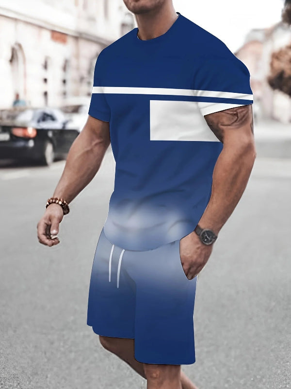 Man wearing a blue and white dress with a blurred urban background